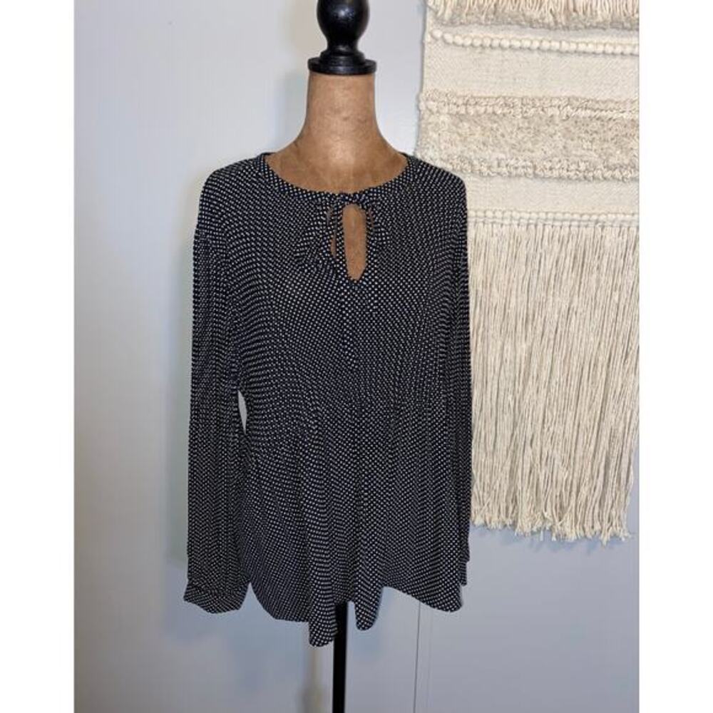 Adrianna Papell Womens Large Black White Polka Dot Long Sleeve Tie Neck Blouse